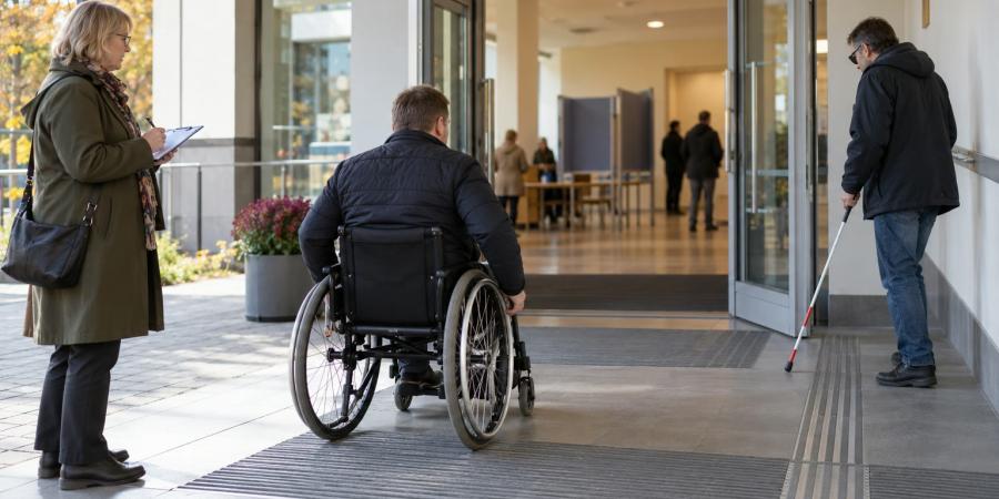 Vīrietis riteņkrēslā un cilvēks ar balto spieķi pārbauda piekļūstamu ieeju sabiedriskā ēkā