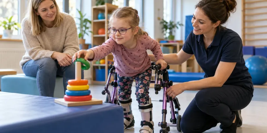 Meitene ar staigāšanas palīgierīci rehabilitācijas nodarbībā sniedzas pēc krāsaina riņķa