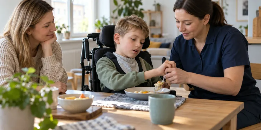 Aprūpes speciāliste palīdz bērnam pie galda, kamēr mamma vēro viņu ikdienas gaitas