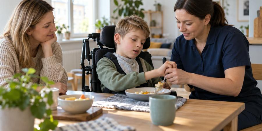Aprūpes speciāliste palīdz bērnam pie galda, kamēr mamma vēro viņu ikdienas gaitas
