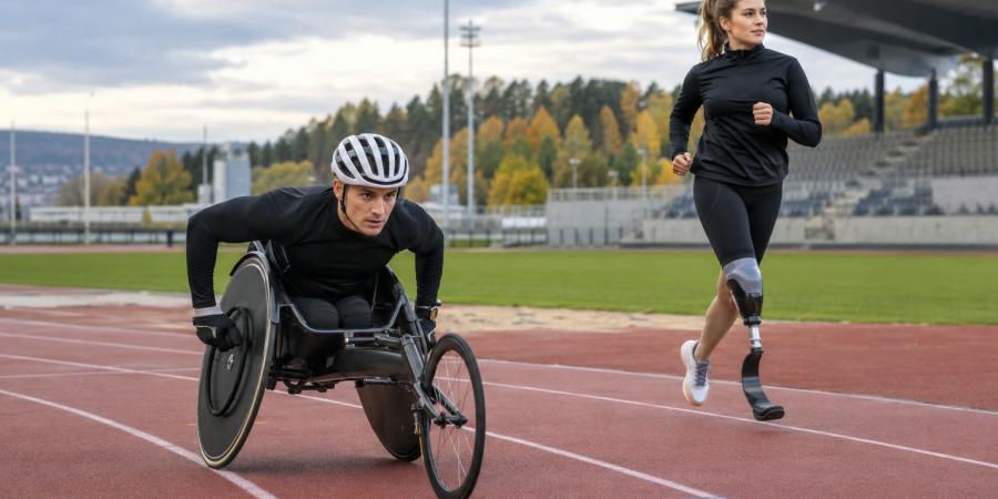 Riteņkrēsla sprinteris un sportiste ar protēzi trenējas vieglatlētikas stadionā