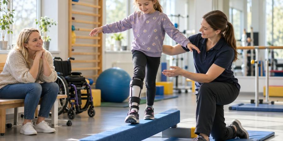 Meitene rehabilitācijas nodarbībā trenē līdzsvaru kopā ar fizioterapeiti