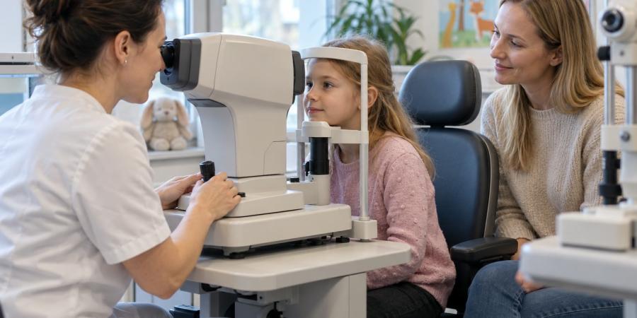 Acu aprūpes speciāliste pārbauda meitenes redzi, kamēr mamma sēž līdzās