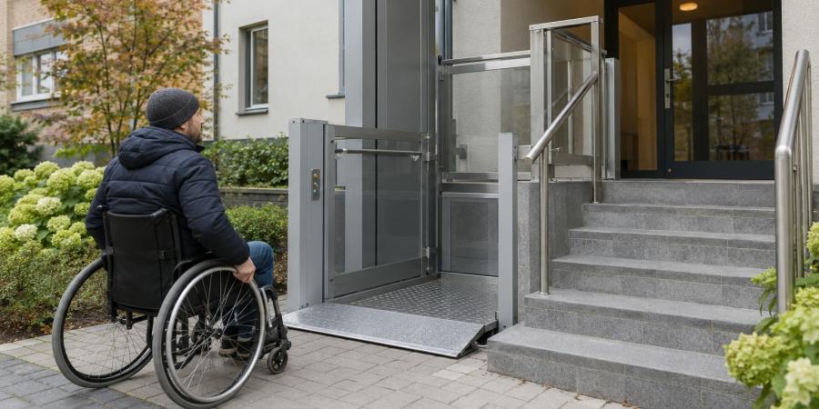 Cilvēks riteņkrēslā pie daudzdzīvokļu mājas ieejas ar platformas pacēlāju un kāpnēm