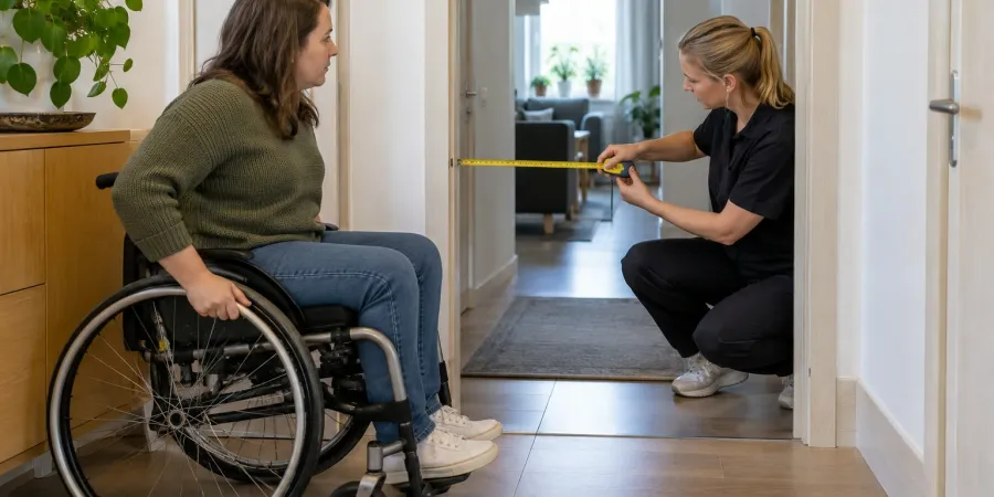 Cilvēks riteņkrēslā kopā ar speciālisti izvērtē durvju ailes platumu mājoklī