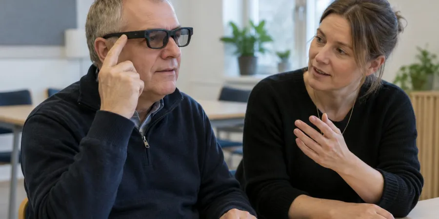 Cilvēks apgūst viedo briļļu lietošanu kopā ar instruktori mācību telpā