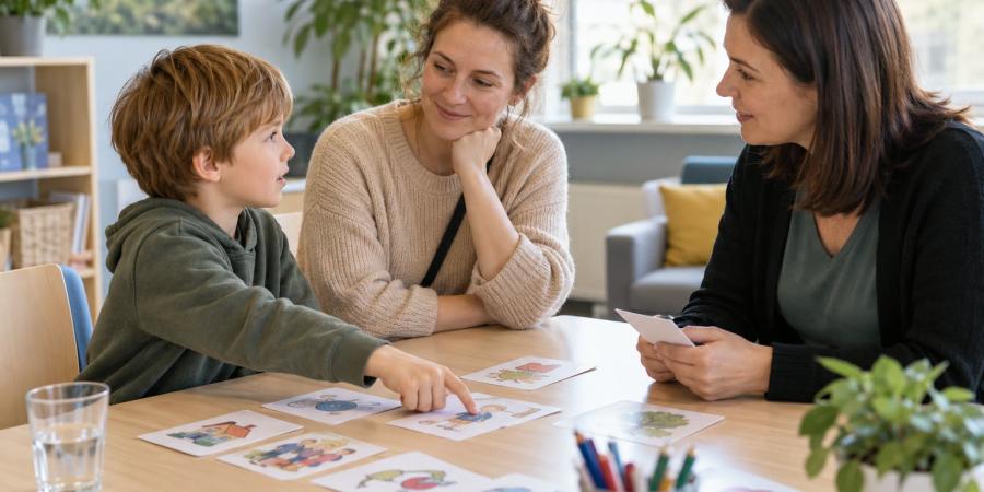 Bērns ar attēlu kartītēm piedalās sarunā kopā ar vecāku un sociālo darbinieci