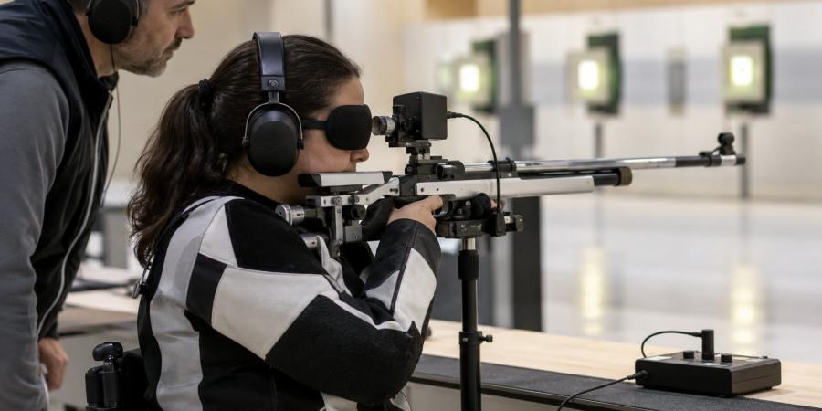 Sportiste ar aizsegtām acīm un austiņām mērķē ar pneimatisko šauteni trenera klātbūtnē