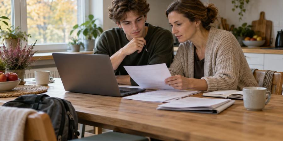 Students un viņa mamma pie virtuves galda aizpilda pabalsta pieteikumu datorā