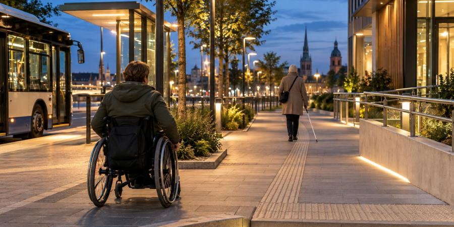 Riteņkrēsla lietotājs un cilvēks ar balto spieķi pārvietojas pa vienmērīgi apgaismotu pilsētas ietvi vakarā.