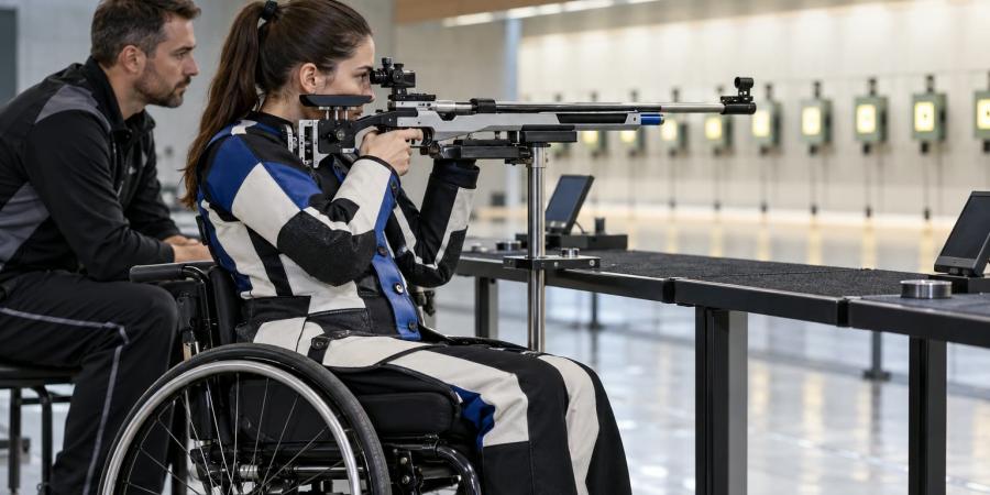 Para šāvēja riteņkrēslā ar trenera atbalstu trenējas modernā iekštelpu šautuvē