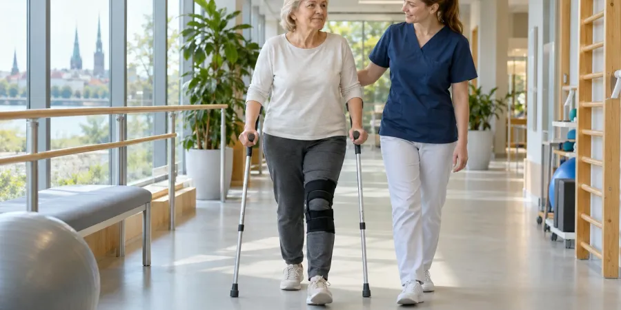 Paciente ar kruķiem fizioterapeites pavadībā iet pa gaišu rehabilitācijas centra gaiteni