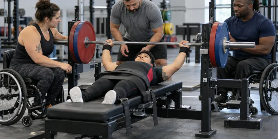 Para pauerliftinga sportiste izpilda spiešanu guļus, trenerim un komandas biedriem palīdzot