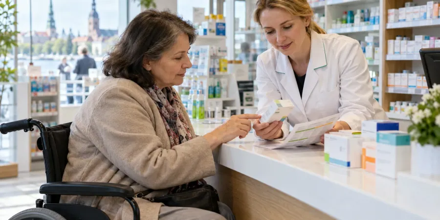 Sieviete riteņkrēslā kopā ar farmaceiti pie letes pārskata zāļu iepakojumu un lietošanas plānu