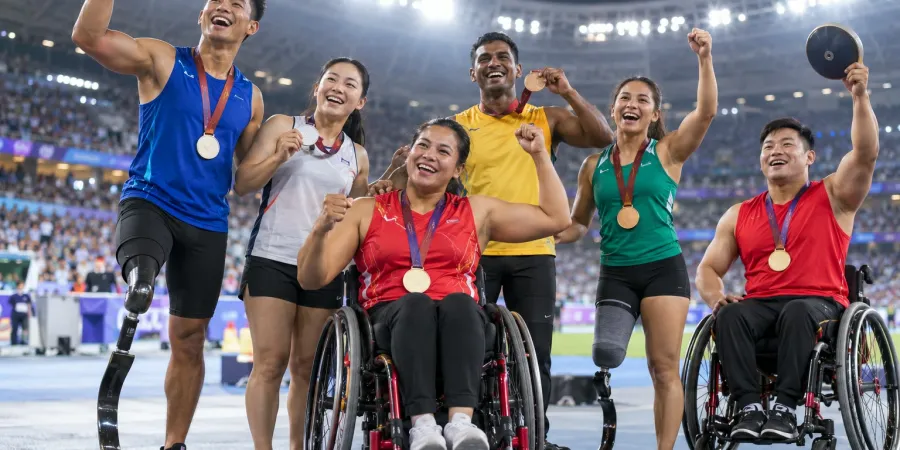 Dažādu parasporta disciplīnu sportisti stadionā kopā svin izcīnītās medaļas