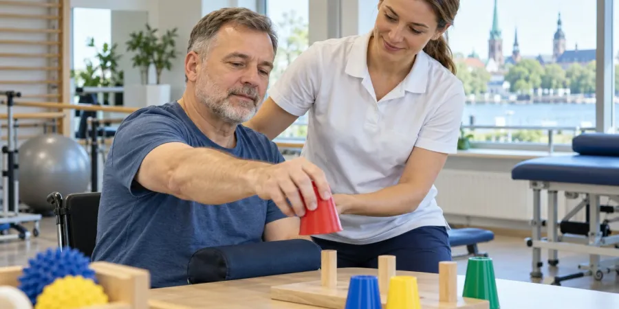 Pacients rehabilitācijas telpā vingrina rokas kustību fizioterapeites vadībā