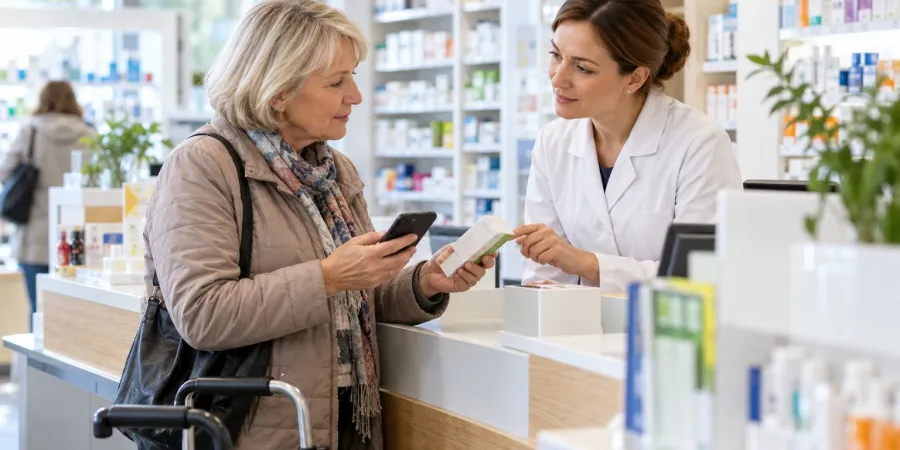 Aptiekā farmaceite izskaidro zāļu iepakojumu klientei, kura izmanto staigāšanas rāmi